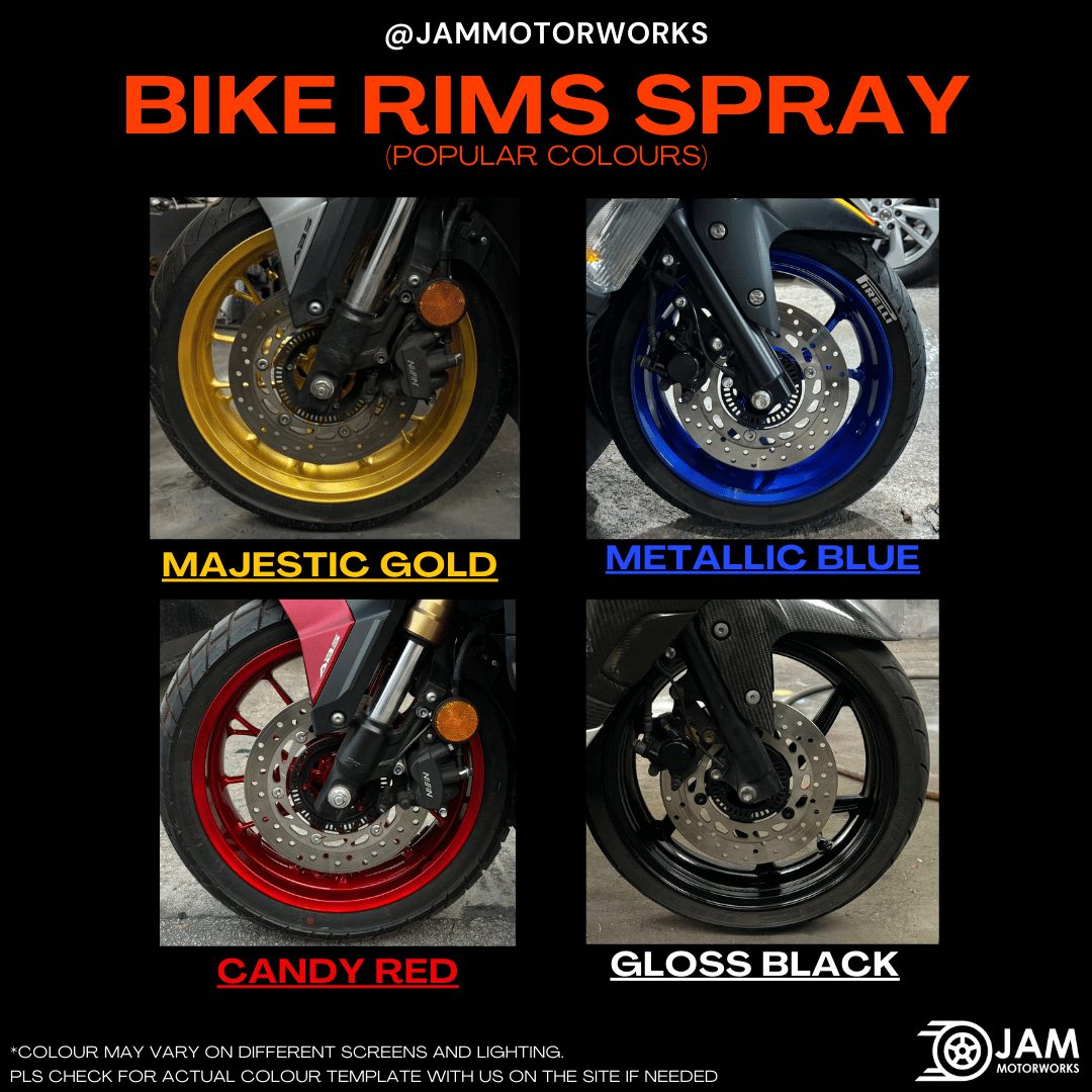 JAM Motorworks motorcycle rim spray colours: Majestic Gold, Metallic Blue, Candy Red, Gloss Black