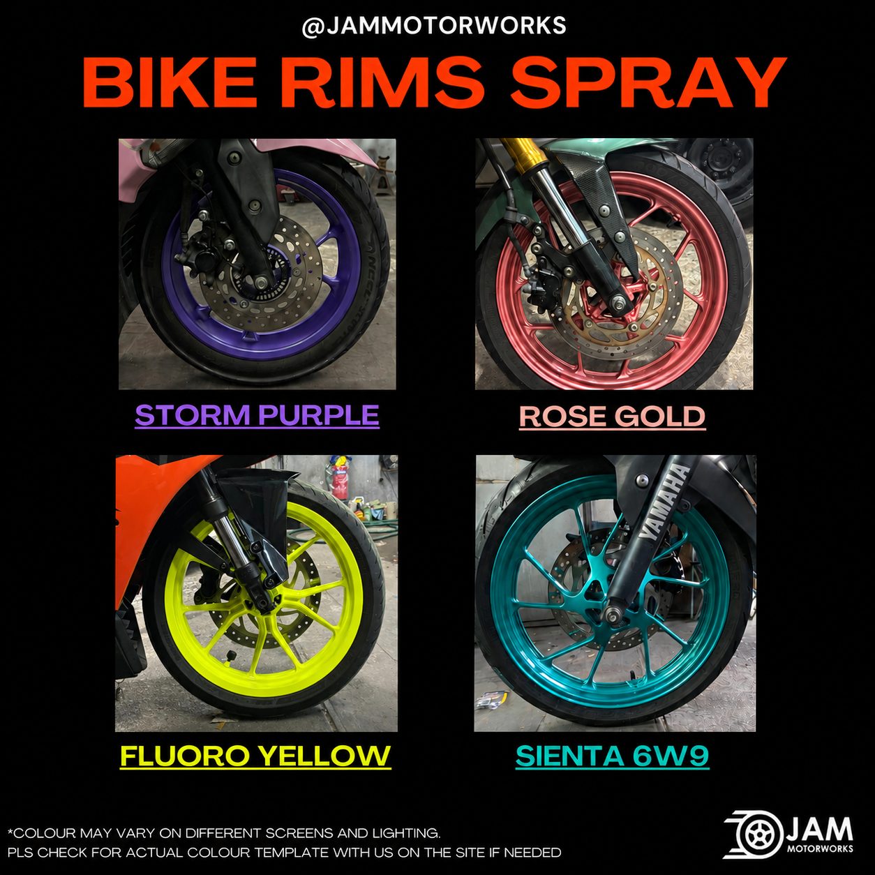 JAM Motorworks motorcycle rim spray colours: Storm Purple, Rose Gold, Fluoro Yellow, Sienta 6W9
