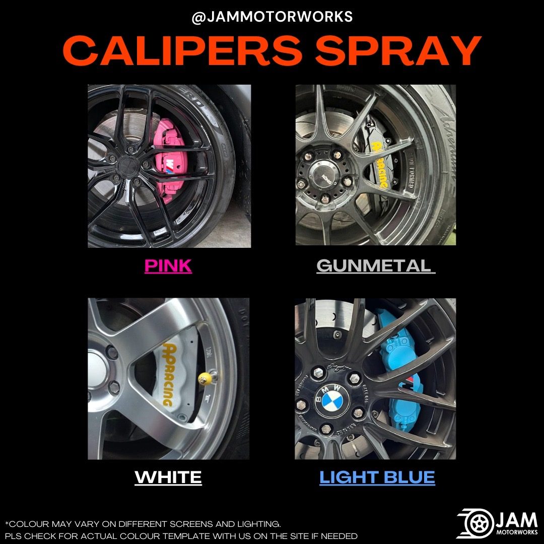 JAM Motorworks caliper spray colours: Pink, Gunmetal, White, Light Blue