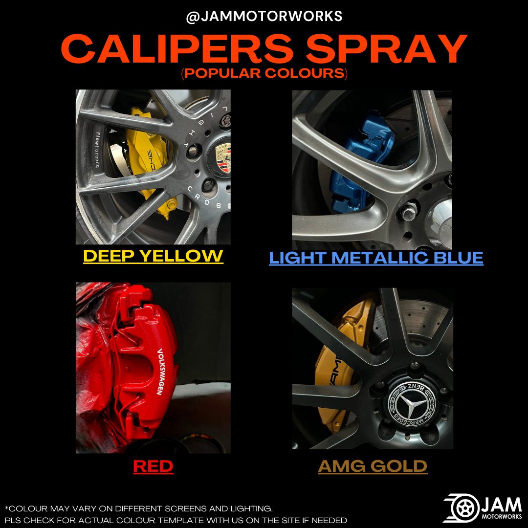 JAM Motorworks caliper spray colours: Deep Yellow, Light Metallic Blue, Red, AMG Gold