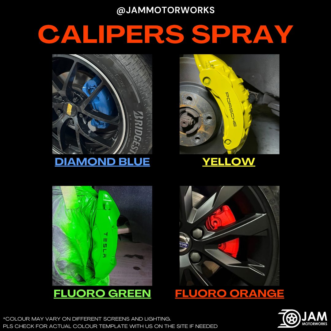 JAM Motorworks caliper spray colours: Diamond Blue, Yellow, Fluoro Green, Fluoro Orange
