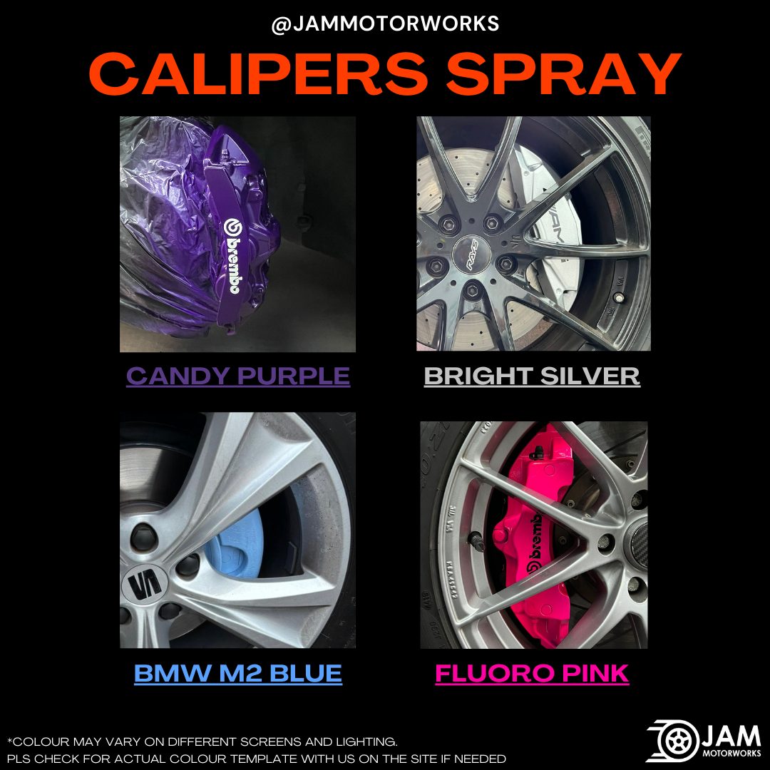 JAM Motorworks caliper spray colours: Candy Purple, Bright Silver, BMW M2 Blue, Fluoro Pink
