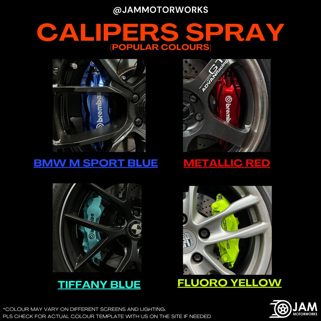 JAM Motorworks caliper spray colours: BMW M Sport Blue, Metallic Red, Tiffany Blue, Fluoro Yellow