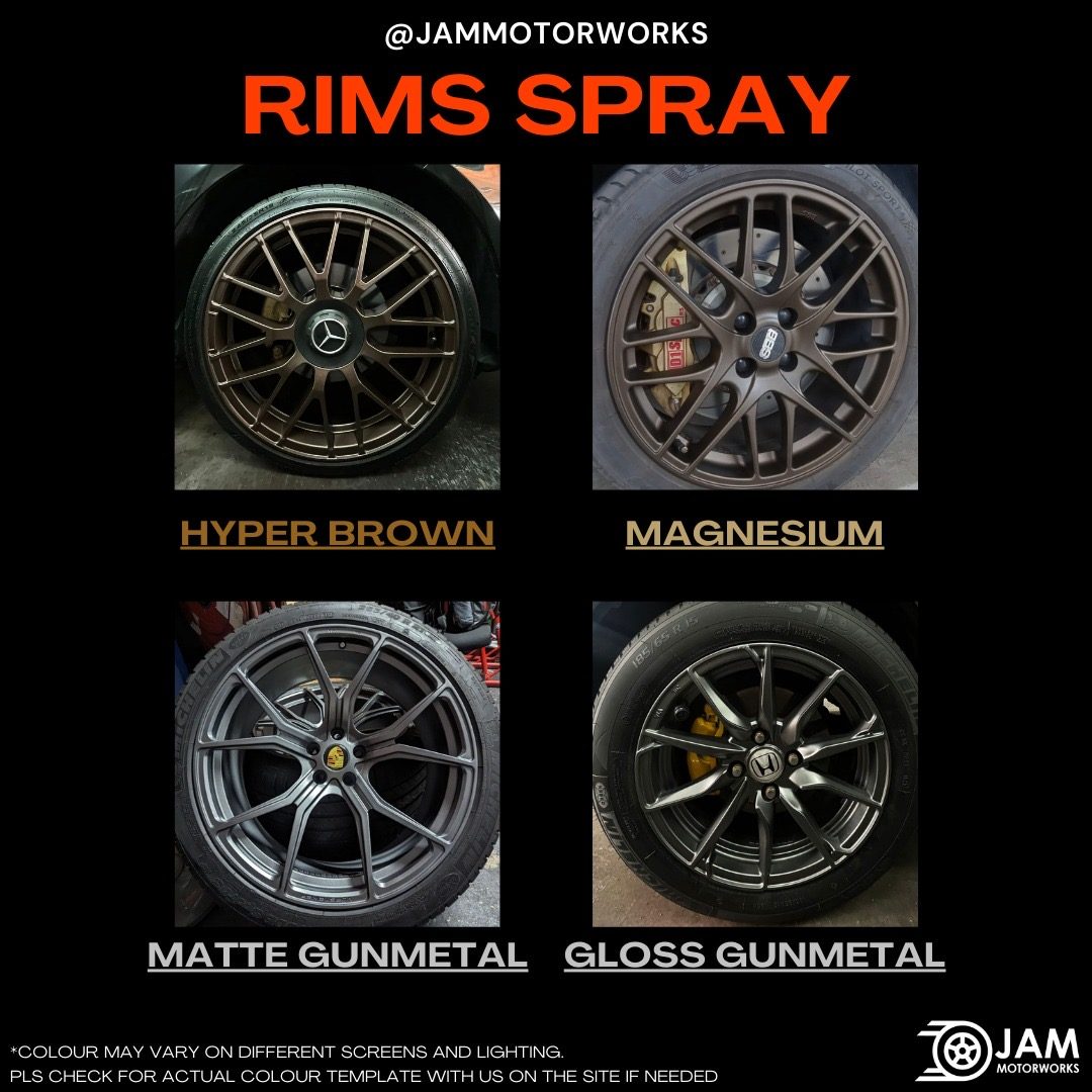 JAM Motorworks car rim spray colours: Hyper Brown, Magnesium, Matte Gunmetal, Gloss Gunmetal