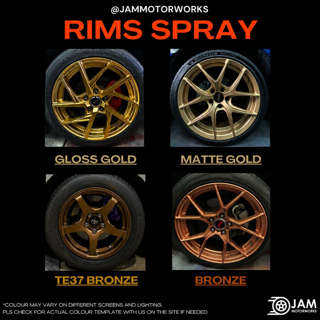 JAM Motorworks car rim spray colours: Gloss Gold, Matte Gold, TE37 Bronze, Bronze