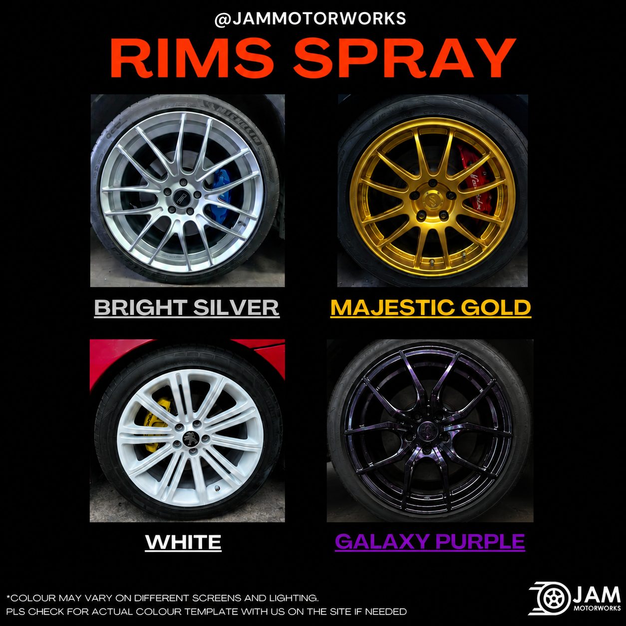 JAM Motorworks car rim spray colours: Bright Silver, Majestic Gold, White, Galaxy Purple